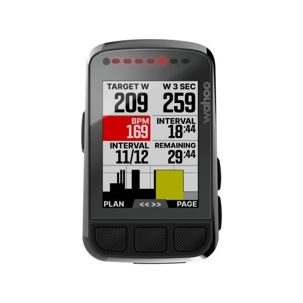 Wahoo ELEMNT Bolt V2 con LEDs encendidos mostrando zonas de potencia