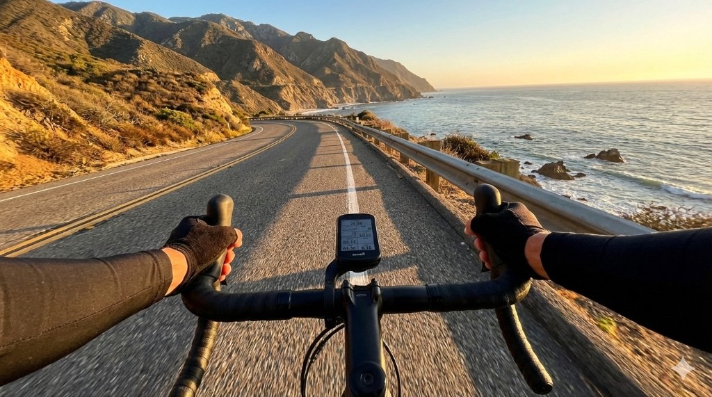 Ciclista con Garmin en ruta costera