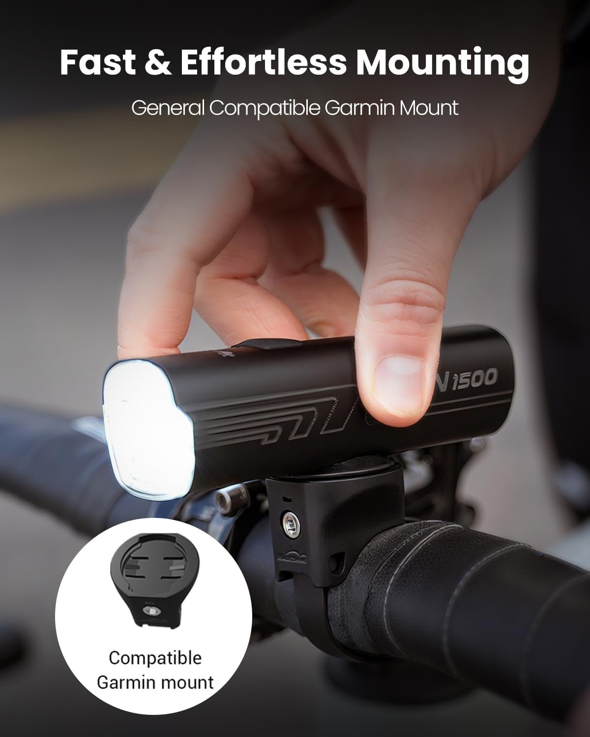 Magicshine RN 1500 montada bajo soporte GPS en manillar de carretera